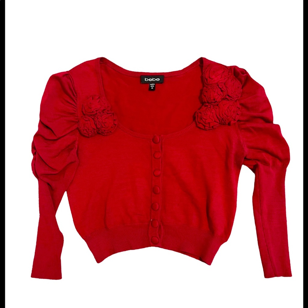 Bebe red puff sleeve fitted cardigan